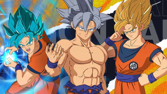 Three Gokus stand together looking cool and one of them is shirtless, too. 