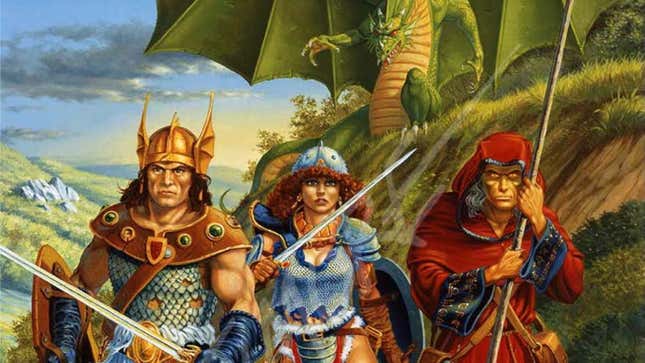 Caramon the warrior, Tika the fighter, and Raistlin the red-robed wizard stand before a green dragon.