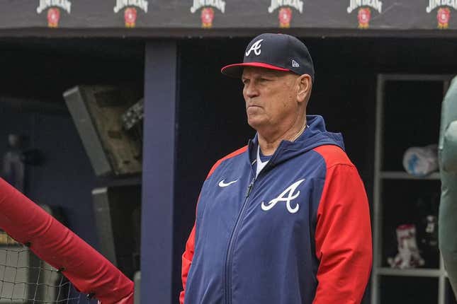 Apr 27, 2023; Cumberland, Georgia, USA; Atlanta Braves manager Brian Snitker (43) in the dugout during the game against the Miami Marlins during the first inning at Truist Park.
