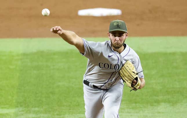 May 19, 2023; Arlington, Texas, USA;  Colorado Rockies starting pitcher Karl Kauffmann (51) throws during the third inning against the Texas Rangers at Globe Life Field.