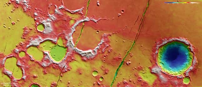 Una imagen topográfica de Cerberus Fossae, una antigua región volcánica.