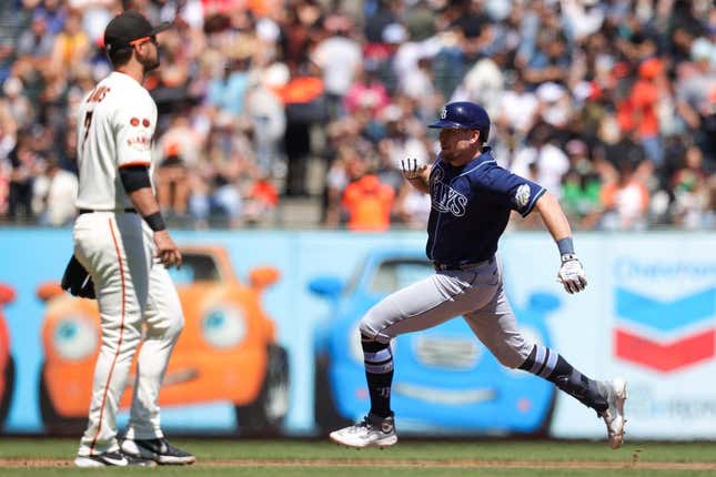 Aug 16, 2023; San Francisco, California, USA; Tampa Bay Rays first baseman Luke Raley (55) hits an inside the park home run during the sixth inning against the San Francisco Giants  at Oracle Park.
