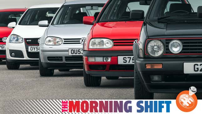 Frontal views of multiple generations of Volkswagen GTIs from a Volkswagen press image.