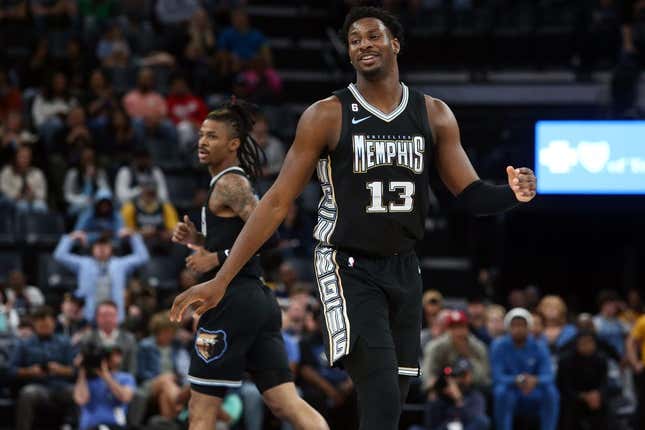Mar 31, 2023; Memphis, Tennessee, USA; Memphis Grizzlies forward Jaren Jackson Jr. (13) reacts after a basket during the first half against the Los Angeles Clippers at FedExForum.