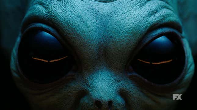 An extreme close-up of an alien and its eyes from the new American Horror Story: Double Feature teaser.