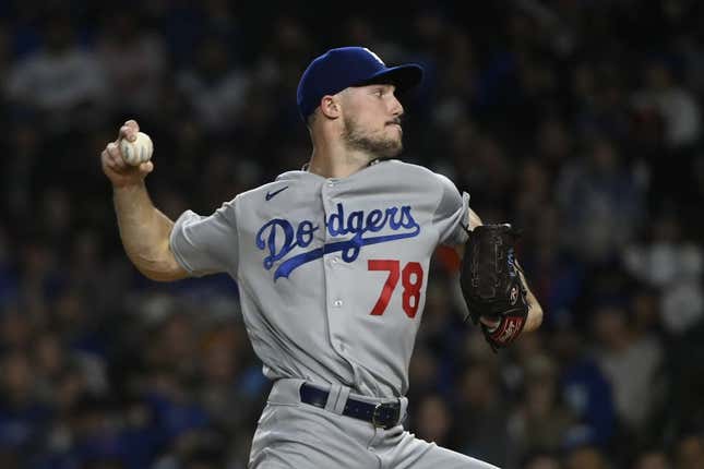 Apr 20, 2023; Chicago, Illinois, USA; Los Angeles Dodgers starting pitcher Michael Grove (78) delivers against the Chicago Cubs during the first inning at Wrigley Field.