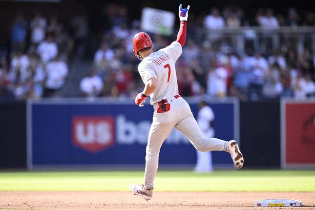 Sep 4, 2023; San Diego, California, USA; Philadelphia Phillies shortstop Trea Turner (7) rounds the bases after hitting a two-run home run against the San Diego Padres during the second inning at Petco Park.