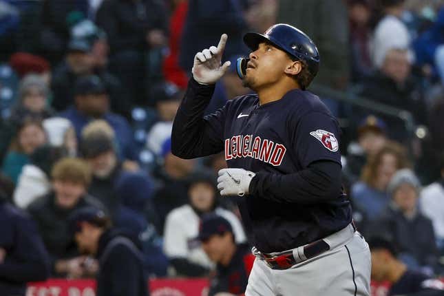 Apr 1, 2023; Seattle, Washington, USA; Cleveland Guardians first baseman Josh Naylor (22) reacts while running the bases after hitting a solo-home run against the Seattle Mariners during the fourth inning at T-Mobile Park.