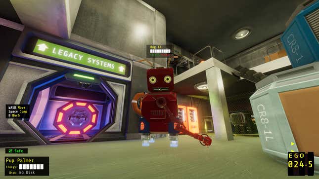 Bug 22, a red robot, floats in the middle of a room, next to the door to Legacy Systems.