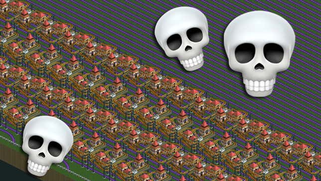 A screenshot shows a large roller coaster with emoji skulls floating above. 