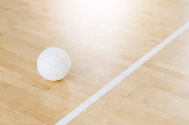 Volleyball ball and white line on wooden court.
