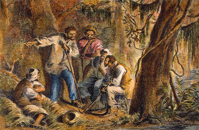 American slave leader Nat Turner and his companions are shown in a wooded area, 1831. Turner led an uprising of slaves that resulted in the death of more than 50 white people. He was tried, convicted, and hanged in the state of Virginia.
