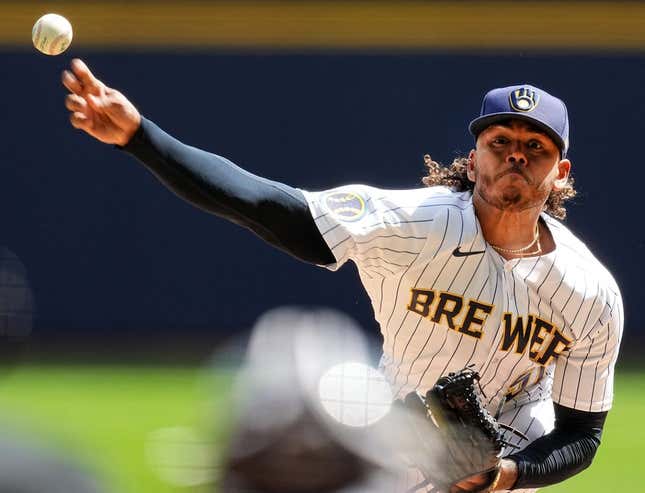 Apr 9, 2023; Milwaukee, Wisconsin, USA;  Milwaukee Brewers starting pitcher Freddy Peralta (51) throws during the first inning of their game against the St. Louis Cardinals at American Family Field.