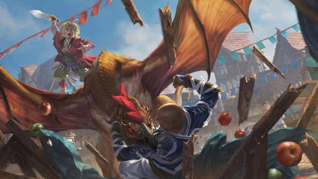 A dragon-like monster is seen attacking a person in a marketplace with a fruit stand falling apart in the wreckage. A person is on the back of the creature holding a sword.
