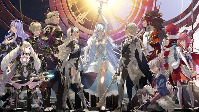 Azura holds up a trident in the middle of the Nohr and Hoshido families.