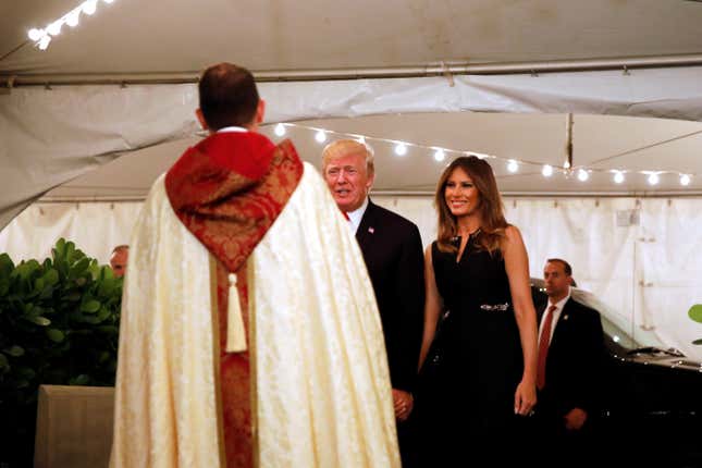 U.S. President Donald Trump and First Lady Melania Trump arrive for church service at the Church of Bethesda-By-The sea in Palm Beach, Florida, U.S.