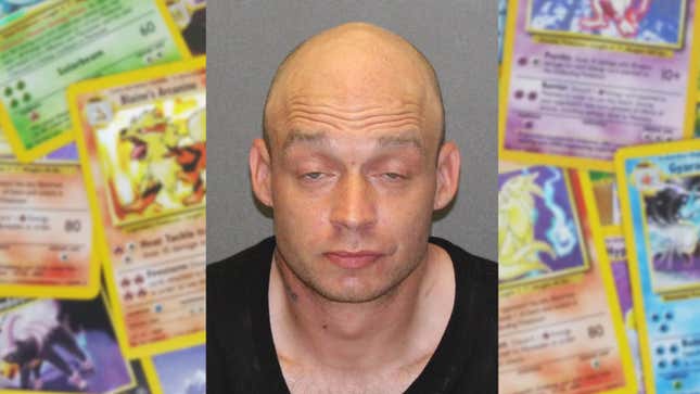 An image shows a mug shot of a man in front of some Pokémon cards. 