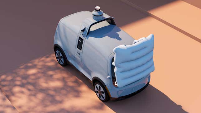 A render of the Nuro R3 robot with a pedestrian airbag on the front. 