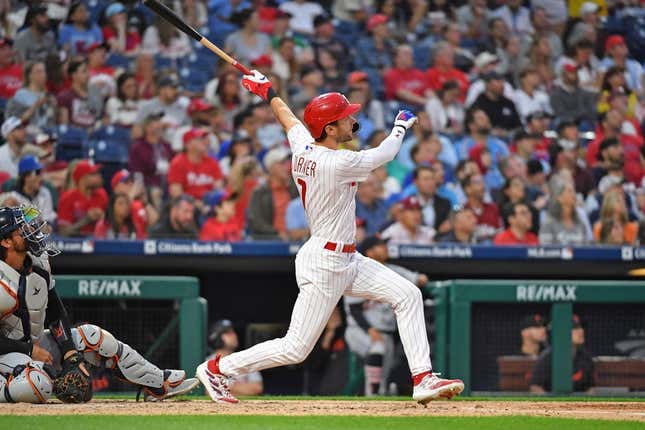 Jun 5, 2023; Philadelphia, Pennsylvania, USA; Philadelphia Phillies shortstop Trea Turner (7) hits his second home run of the game against the Detroit Tigers during the fifth inning at Citizens Bank Park.