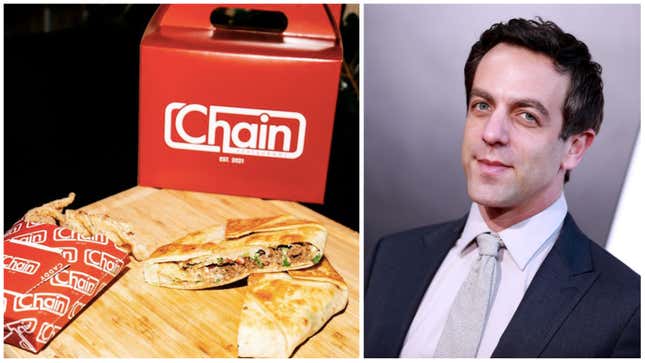 BJ Novak, right, and the Chain Crunchwrap Supreme, left