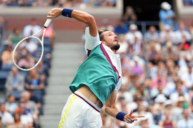 Sep 6, 2023; Flushing, NY, USA; Daniil Medvedev serves to Andrey Rublev on day ten of the 2023 U.S. Open tennis tournament at USTA Billie Jean King National Tennis Center.