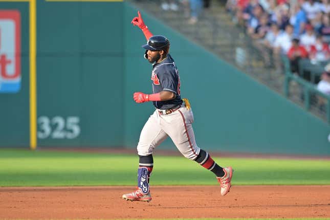 Jul 3, 2023; Cleveland, Ohio, USA; Atlanta Braves center fielder Michael Harris II (23) rounds the bases after hitting a home run during the third inning against the Cleveland Guardians at Progressive Field.