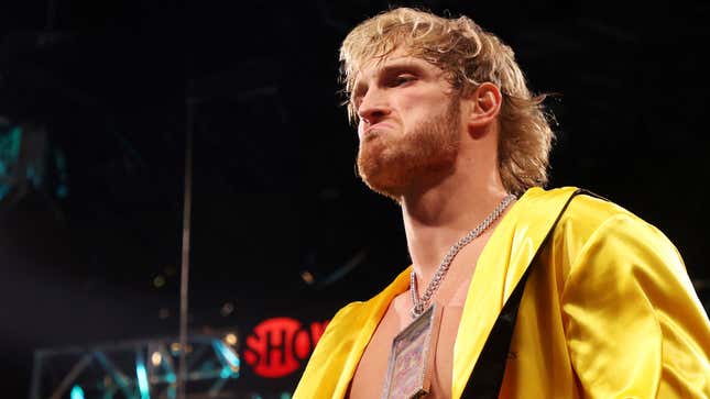 Logan Paul, scowling, in what appears to be a robe of the sort one wears prior to a boxing match.