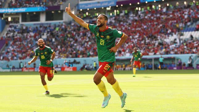 Cameroon’s Jean-Charles Castelletto celebrates after scoring their team’s first goal during the FIFA World Cup Qatar 2022 Group G match between Cameroon and Serbia.