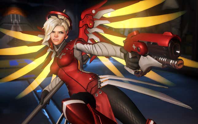 Mercy grimaces while brandishing her side arm pistol.