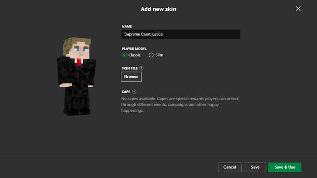 A screenshot of Minecraft's custom skin interface.