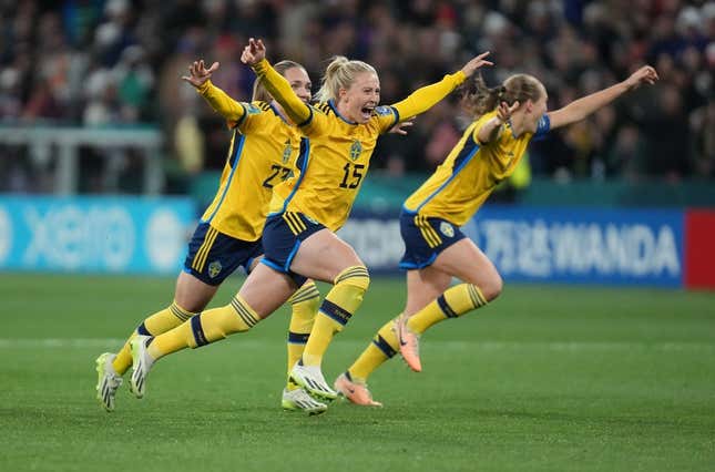 Aug 6, 2023; Melbourne, AUS; Sweden forward Rebecka Blomqvist (15), midfielder Elin Rubensson (23) and defender Magdalena Eriksson (6) celebrate after forward Lina Hurtig (not pictured) scored the winning goal against the United States in the penalty kick shootout during a Round of 16 match in the 2023 FIFA Women&#39;s World Cup at Melbourne Rectangular Stadium.