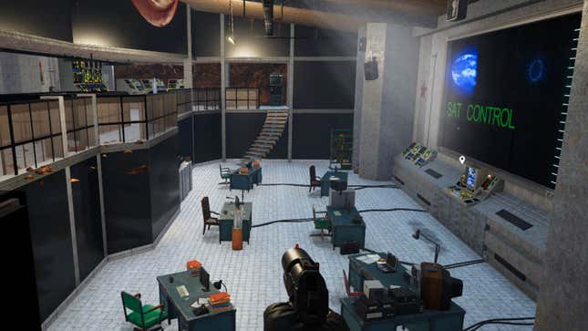 a pistol looking over an office level from goldeneye 007 recreated entirely in far cry 5