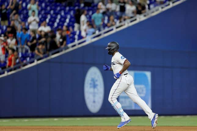 May 16, 2023; Miami, Florida, USA; Miami Marlins designated hitter Jorge Soler (12) circles the bases after hitting a two-run home run against the Washington Nationals during the ninth inning at loanDepot Park.