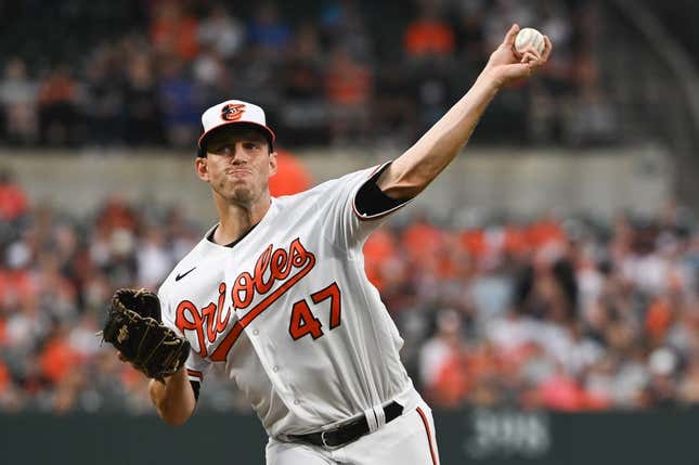 Apr 13, 2022; Baltimore, Maryland, USA;  Baltimore Orioles starting pitcher John Means (47) delivers a first inning pitch against the Milwaukee Brewers at Oriole Park at Camden Yards.