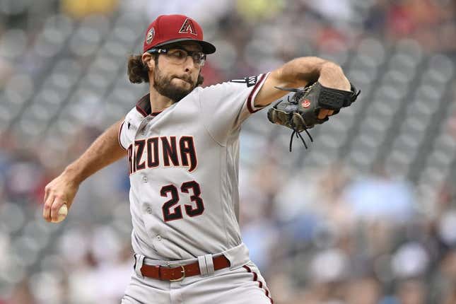 Aug 6, 2023; Minneapolis, Minnesota, USA; Arizona Diamondbacks pitcher Zac Gallen (23) delivers a pitch against the Minnesota Twins during the second inning at Target Field.