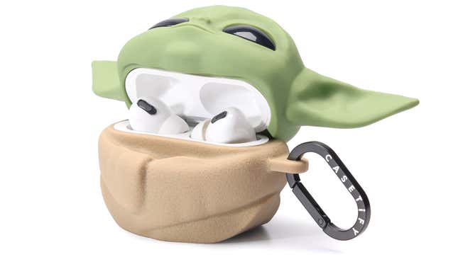 The Mandalorian Grogu Collectible AirPods Pro Case shown opened at the neck revealing Apple AirPods Pro inside.