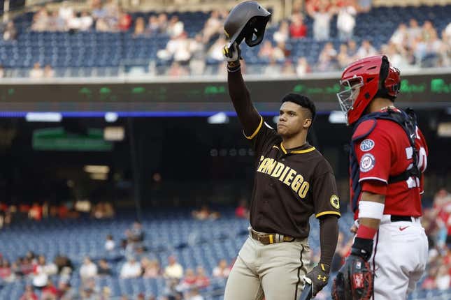 May 23, 2023; Washington, District of Columbia, USA; San Diego Padres left fielder Juan Soto (22) acknowledges the crowd prior to his at-bat against the Washington Nationals during the first inning at Nationals Park.