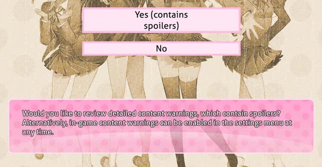 A content warning screen from Doki Doki Literature Club Plus.