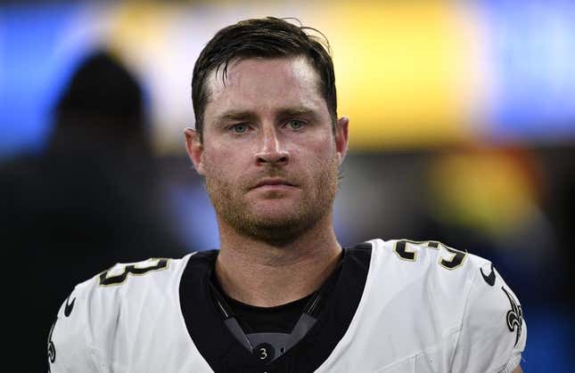 Aug 20, 2023; Inglewood, California, USA; New Orleans Saints place kicker Wil Lutz (3) looks on against the Los Angeles Chargers during the second half at SoFi Stadium.