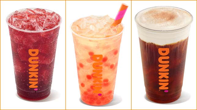 Three new Dunkin' beverages, left to right: Blueberry Lemon Kombucha, Popping Bubbles, and Smoked Vanilla Cold Brew with Sweet Cold Foam