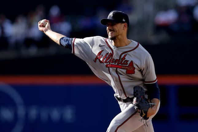 May 1, 2023; New York City, New York, USA; Atlanta Braves starting pitcher Charlie Morton (50) pitches against the New York Mets during the third inning at Citi Field.