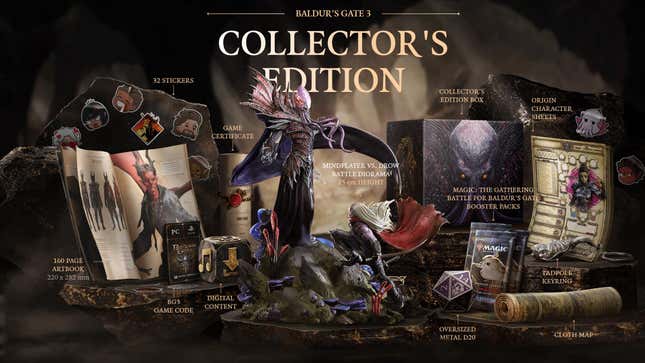 An image showing all the items included with Baldur's Gate 3 Collector's Edition.