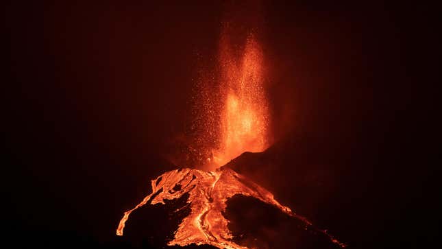 A night view of lava flows after the collapse of a part of the cone of the Cumbre Vieja Volcano on Oct. 10, 2021 in La Palma, Spain.