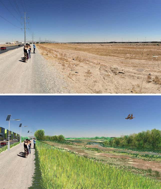 Top: The Rio Grande in eastern Ciudad Juarez today, with tourists photographing the border barriers on the American side. Bottom: The same site envisioned 10 years from now, with tourists photographing wildlife and a living river. (Source: Gabriel Diaz Montemayor, CC BY-ND via The Conversation)