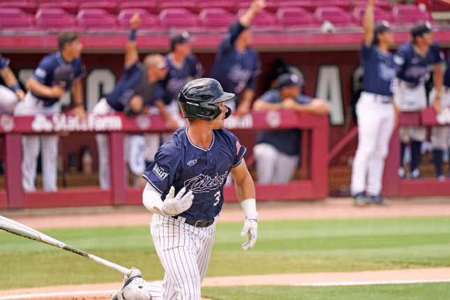DBU’s Glenn Jackson launches one, and admires it, in the third inning.
