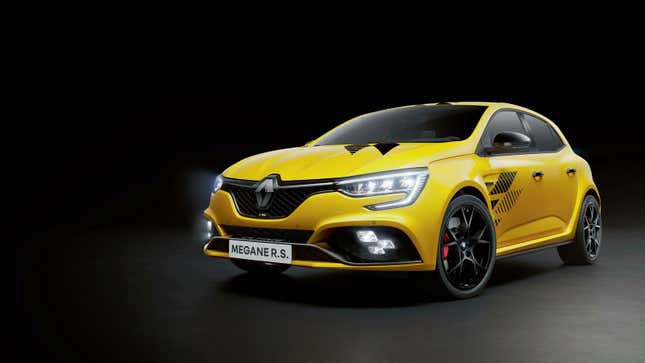 A render of the bright yellow Renault Megane hatchback. 