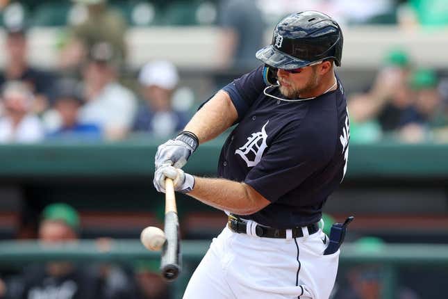 Mar 17, 2023; Lakeland, Florida, USA;  Detroit Tigers right fielder Austin Meadows (17) at bat against the New York Yankees in the first inning during spring training at Publix Field at Joker Marchant Stadium.