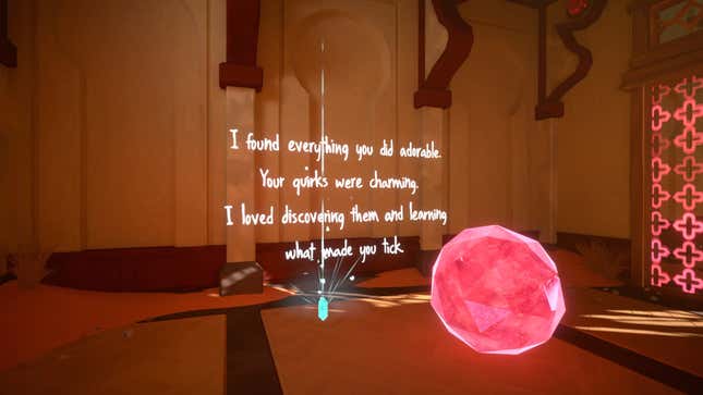 a red ball and some quirky twee text against a sand colored wall in maquette