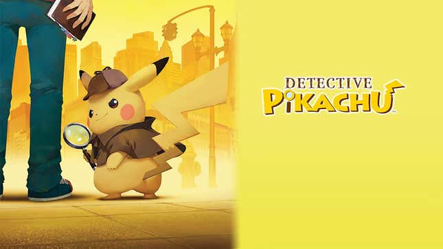 Pikachu wearing a cloak and deerstalker is seen holding a magnifying glass and looking at the camera at the feet of Tim, whose hand is seen holding a notebook. 