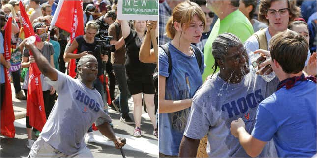 A counter-protester hurls a water bottle at the white nationalists and is pepper-sprayed.